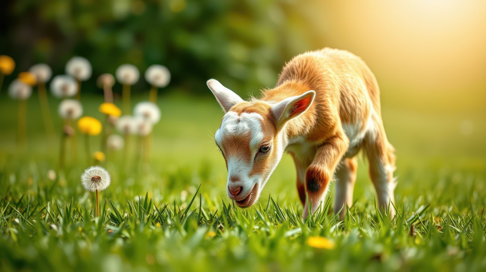Young goat grazing among dandelions and flowers in a sunny meadow during springtime